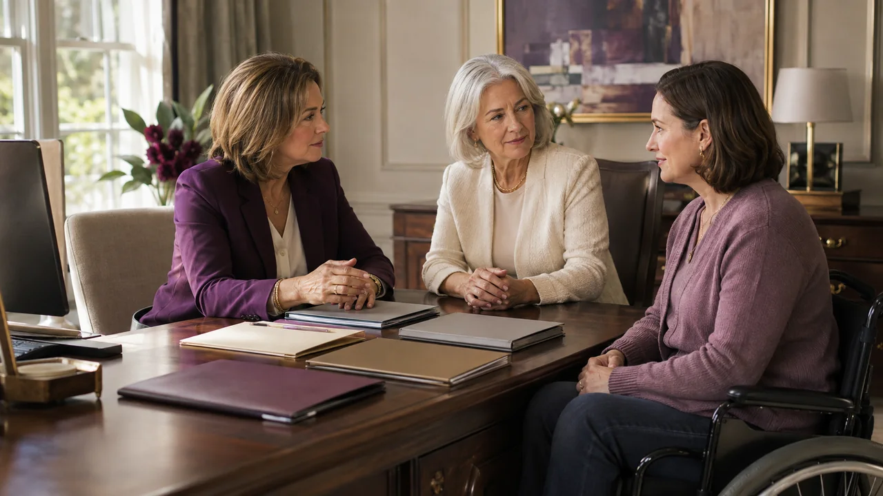 A widow, special-needs planning attorney, and adult wheelchair user discuss inheritance, benefits, housing, care, and trustee records together