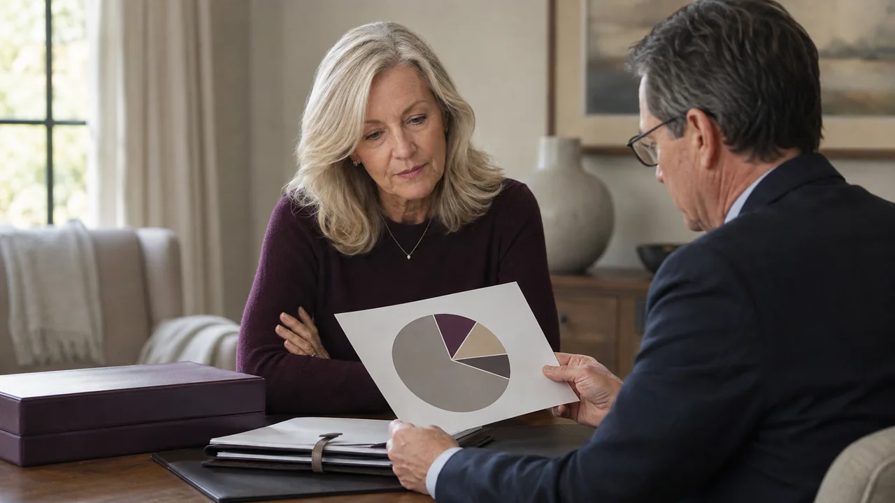A widow and financial adviser review a portfolio chart dominated by one large holding.