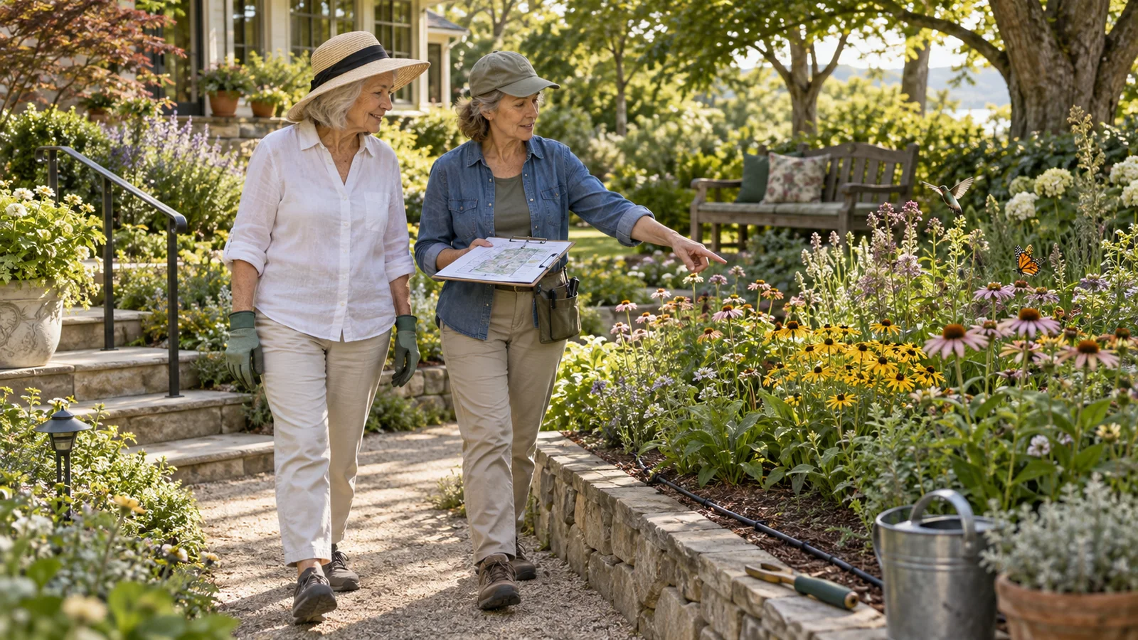 An older gardener and horticultural adviser review a planting plan beside a raised native-flower bed and accessible path.
