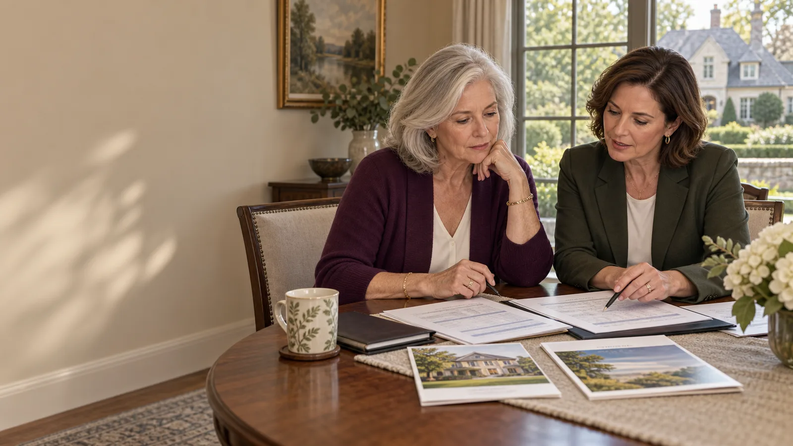 A widow and housing counselor compare mortgage costs, a home valuation and housing alternatives at a dining table.