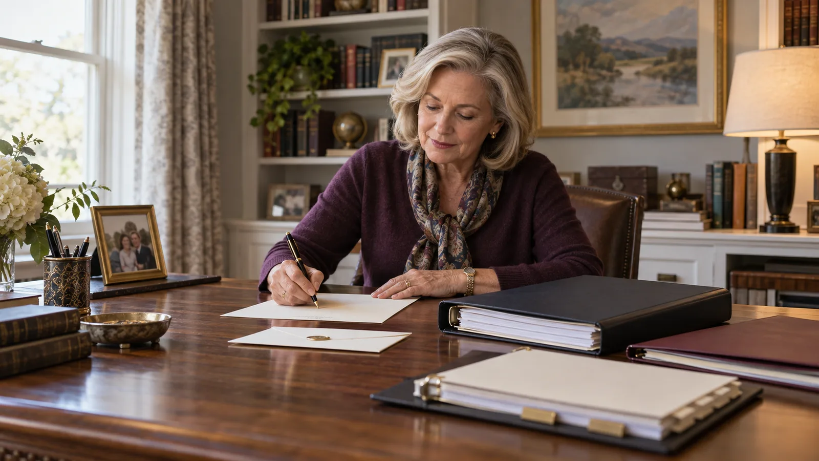 A widowed woman writing a personal letter of wishes beside a separate estate-plan binder, trust folder, sealed envelope, and family photograph