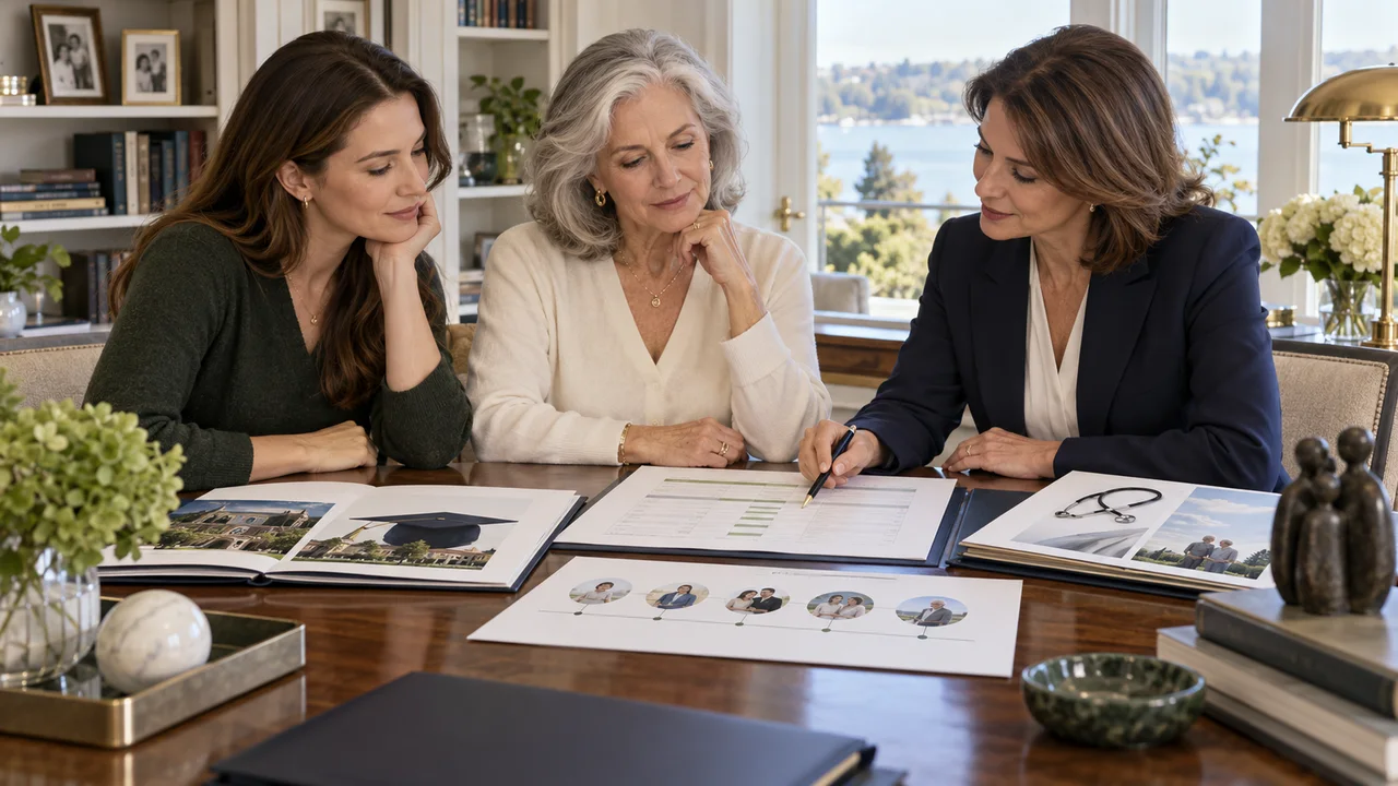 A widowed woman, her adult daughter and an adviser review a family gifting ledger with education and medical-planning folders.