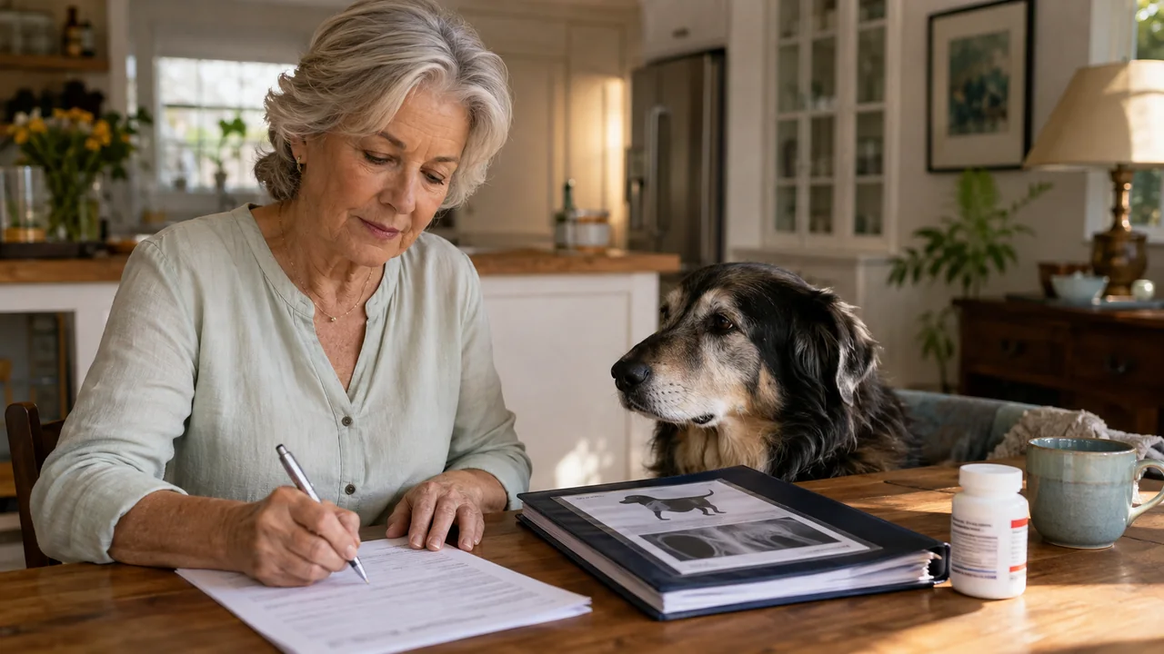 A woman writing an emergency care plan at her kitchen table while her older dog sits beside her