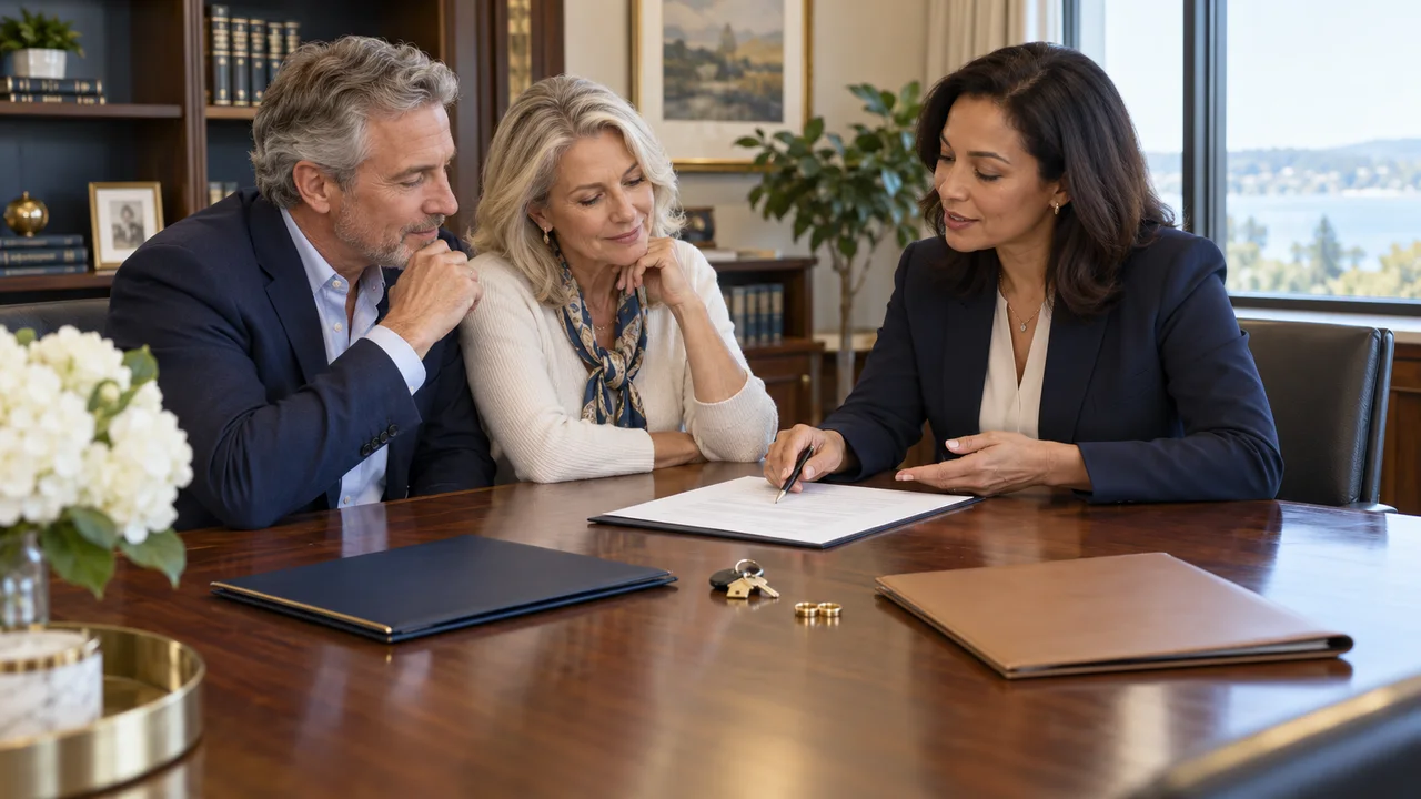 An engaged older couple reviewing a prenuptial agreement with separate estate folders and wedding rings on a lawyer's conference table