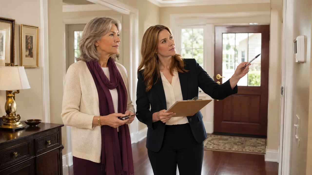 A widow and property manager inspect an empty inherited home, checking its thermostat, security, condition, and maintenance list