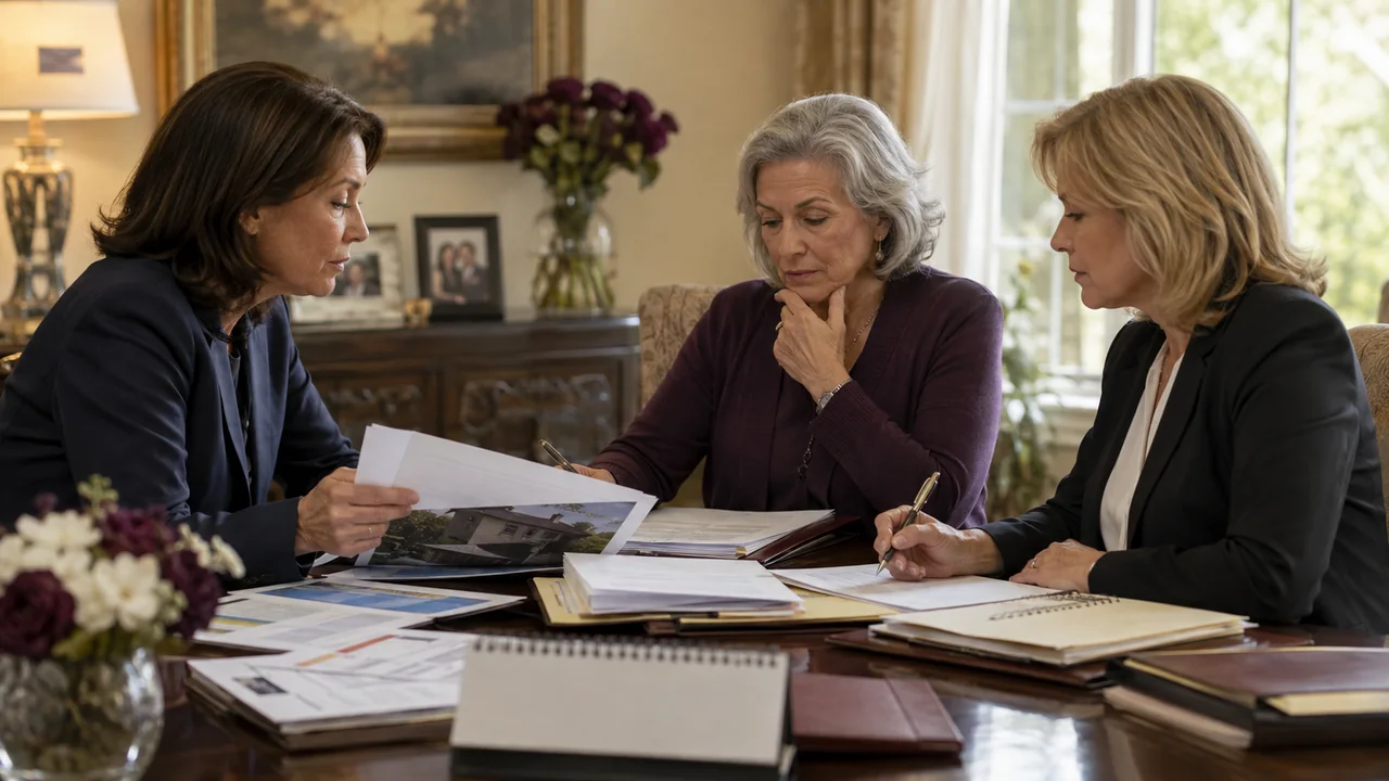 A widow, housing counselor, and attorney review reverse-mortgage documents, deadlines, and a photograph of the home