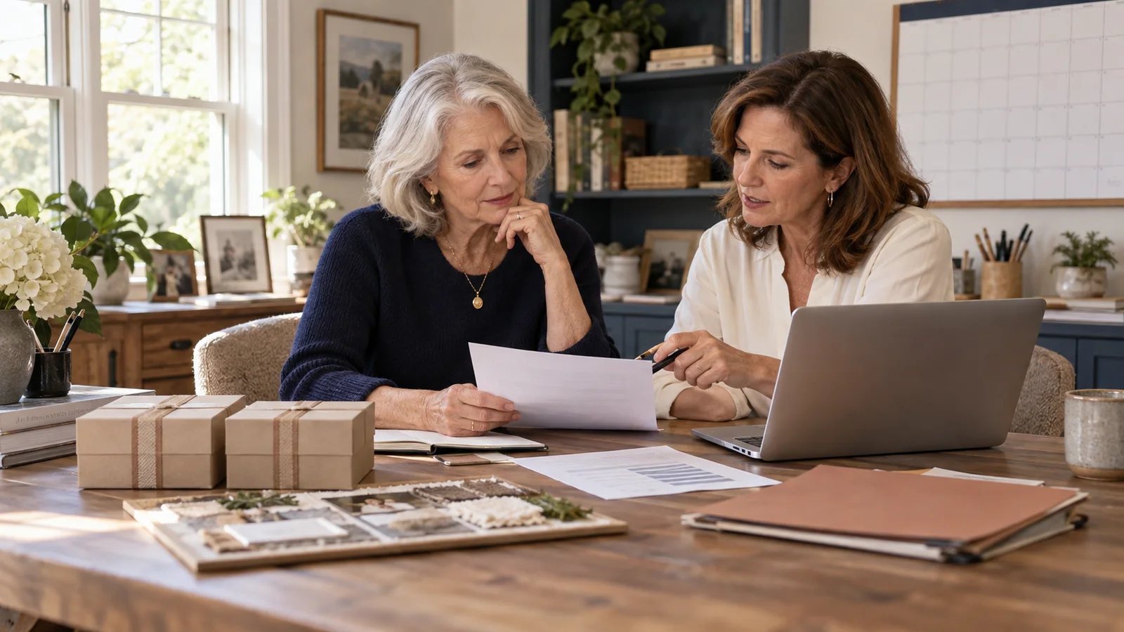 An older founder reviews a pilot plan and budget with a small-business mentor in a bright home studio.