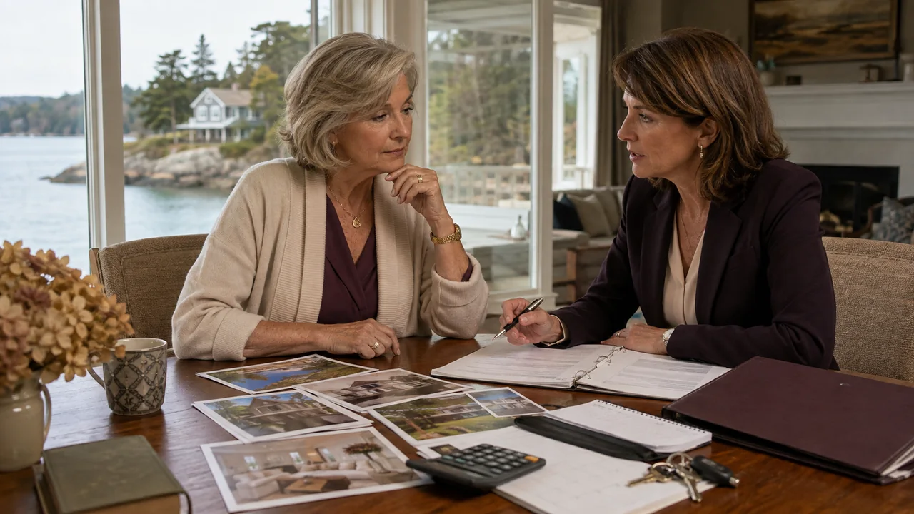 A widow and fiduciary adviser compare maintenance estimates, property photographs, insurance, taxes, and keys for a waterfront second home