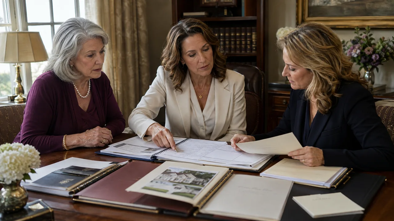 A widow, trust attorney, and title professional compare a signed trust with deeds, accounts, beneficiary records, and an asset inventory