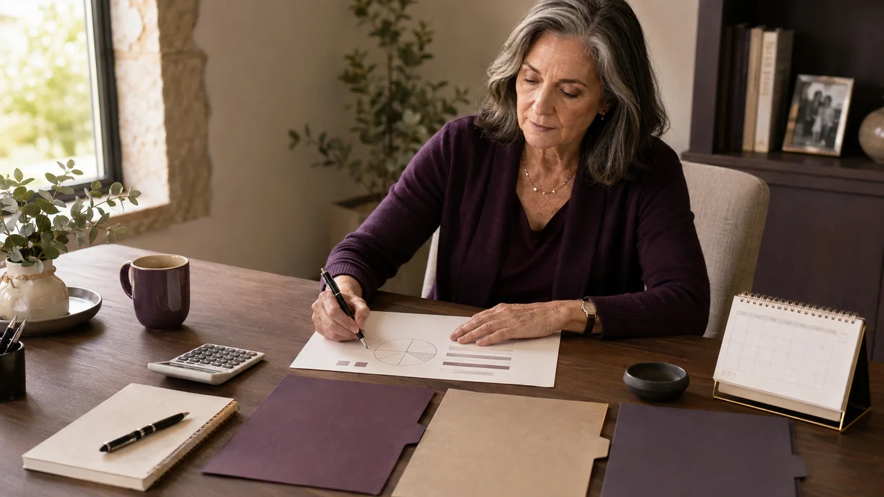 A widow drafts a personal investment policy beside separate goal folders, a calendar, and an allocation sketch.