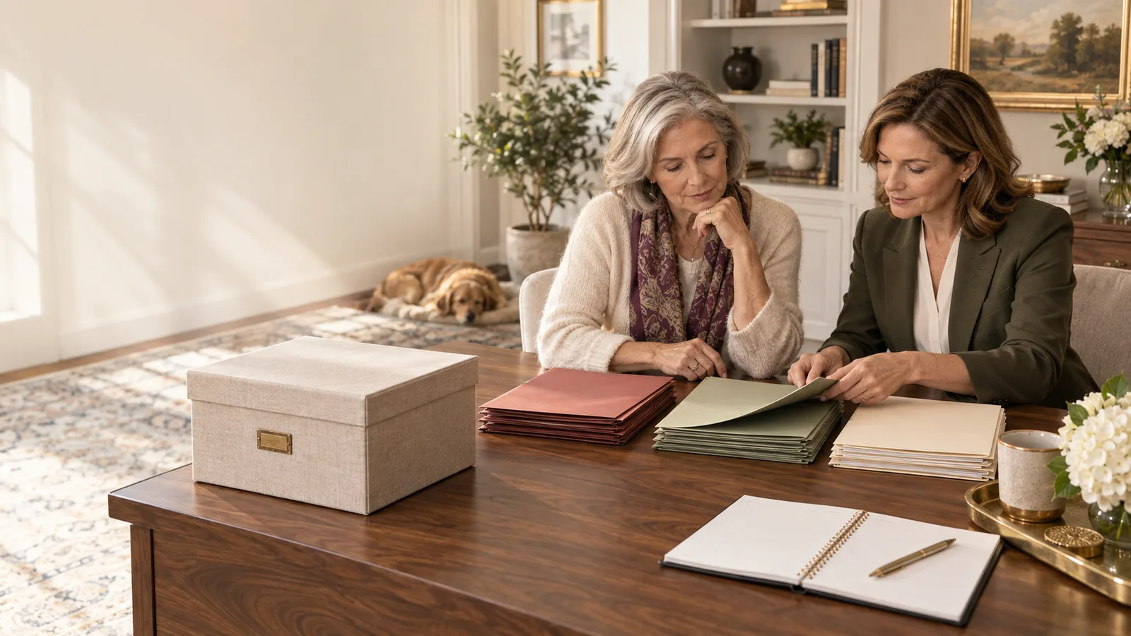A widow and estate-administration professional calmly sorting follow-up records into three groups