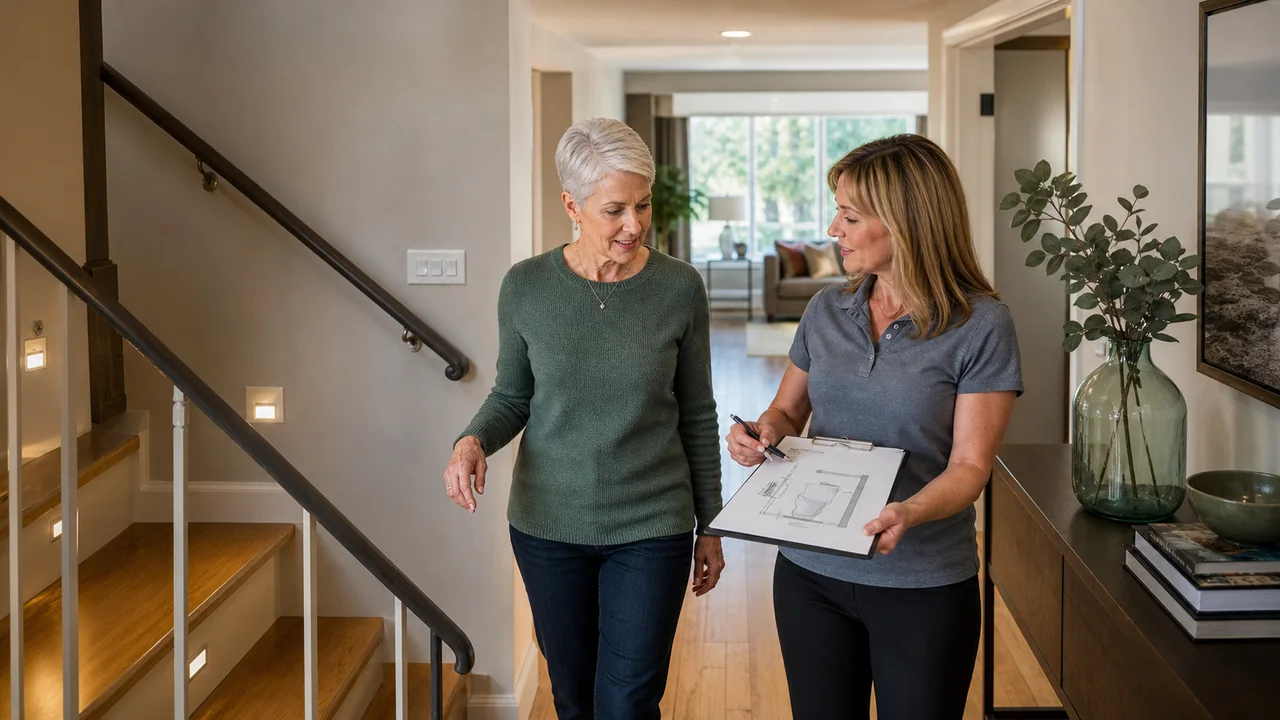 A homeowner and occupational therapist review stair lighting, handrails, and a home modification plan