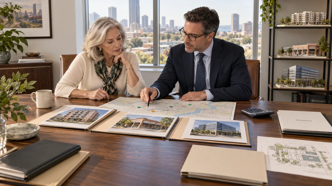 A property owner and adviser reviewing a map and operating files for an inherited portfolio of apartment, retail, and office buildings