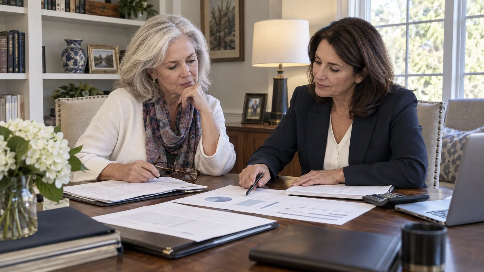 A widowed woman and tax professional comparing an annuity contract, payment timeline, tax statement, and calculation worksheet in a home office