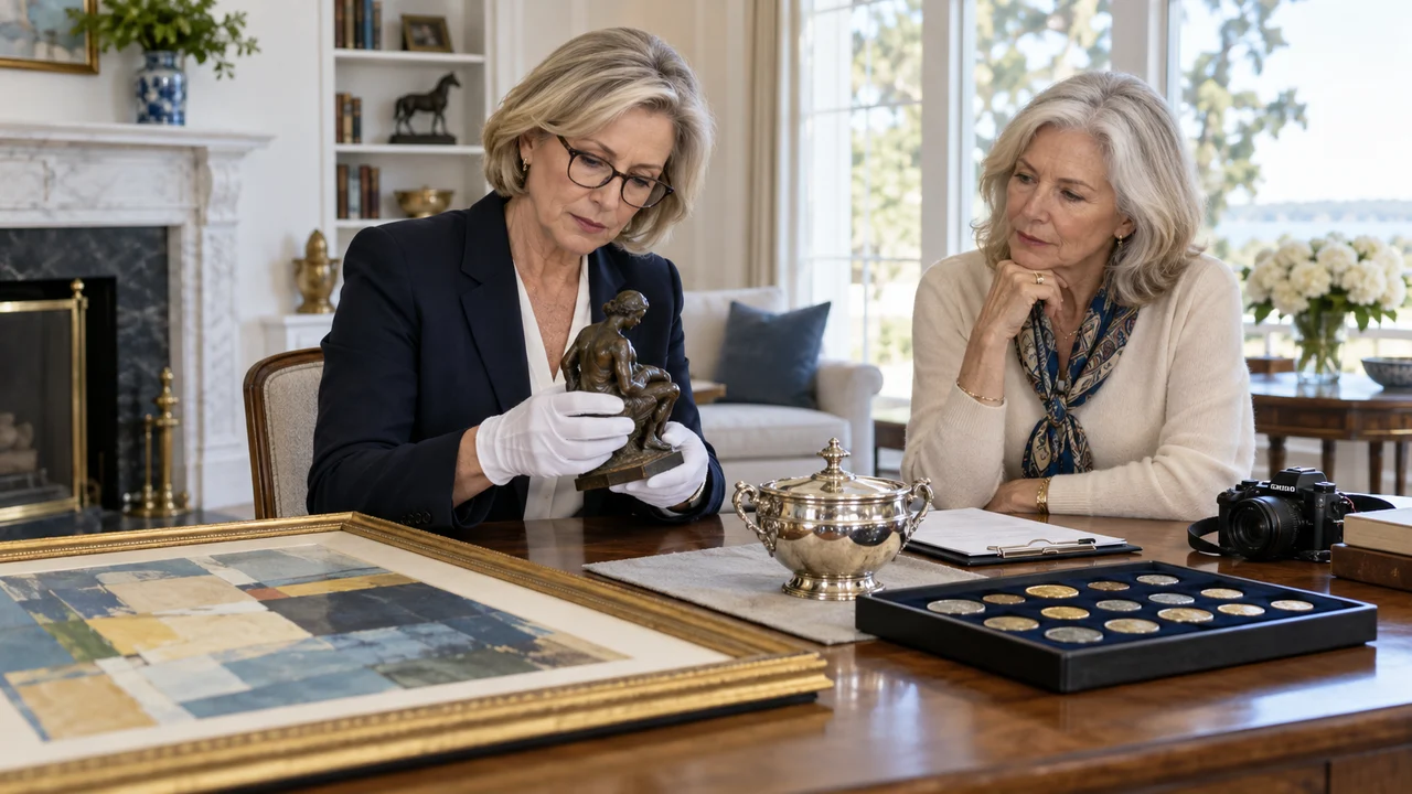 An art appraiser and a widow document an inherited painting, bronze sculpture, silver vessel, and coin collection in a private home.