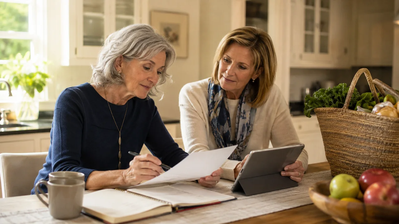 Two women turn an offer of help into a dated task plan beside a basket of groceries