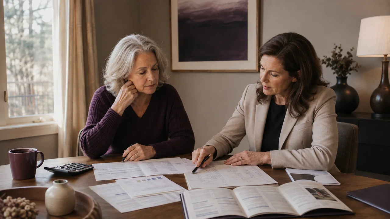 A widow and financial analyst reconcile investment statements, prospectuses, and a calculator at a table.