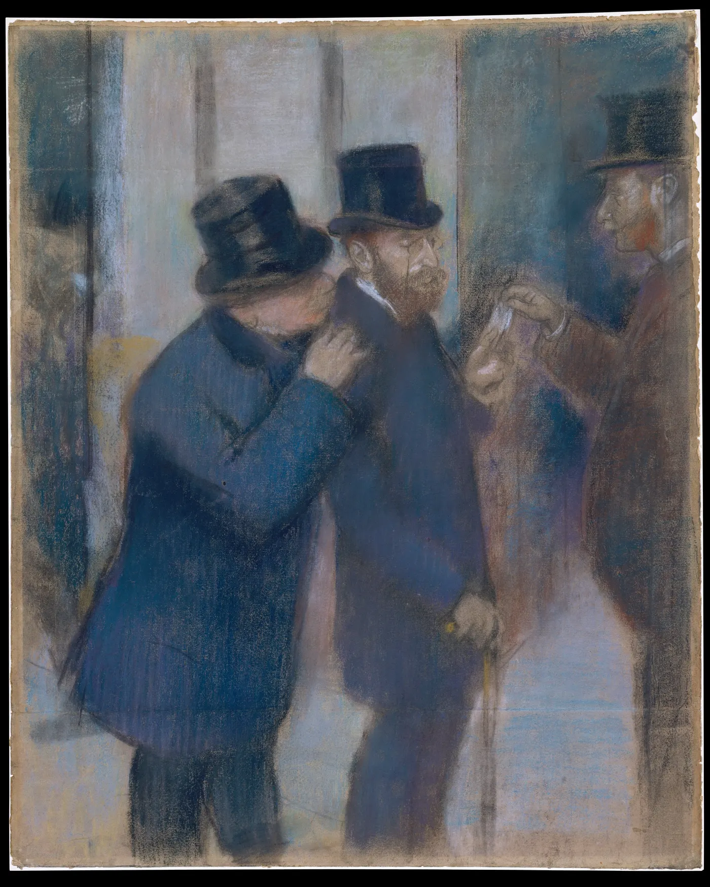 Three men in black top hats confer closely in a softly drawn nineteenth-century stock exchange scene