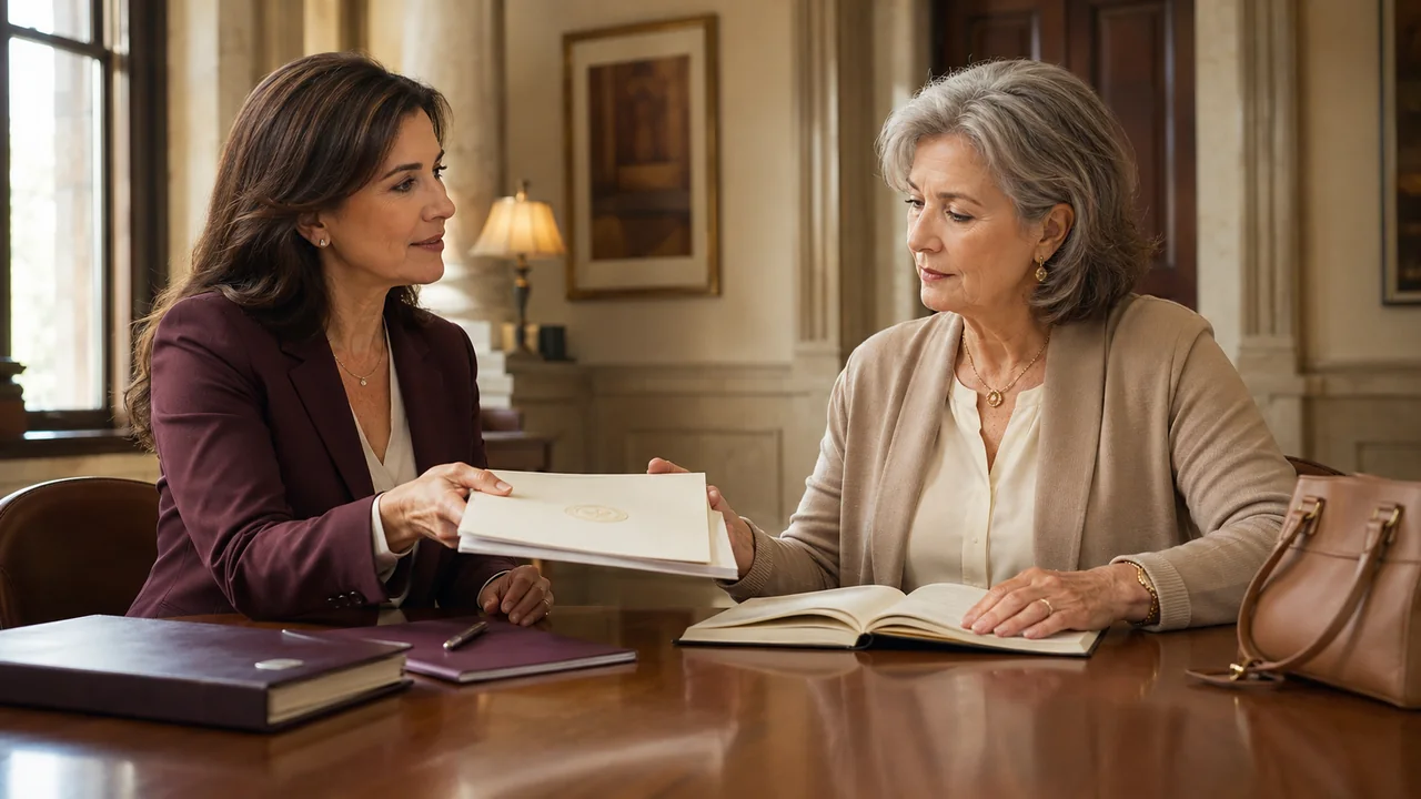 An estate attorney hands a widow an appointment packet as she opens a separate estate record book
