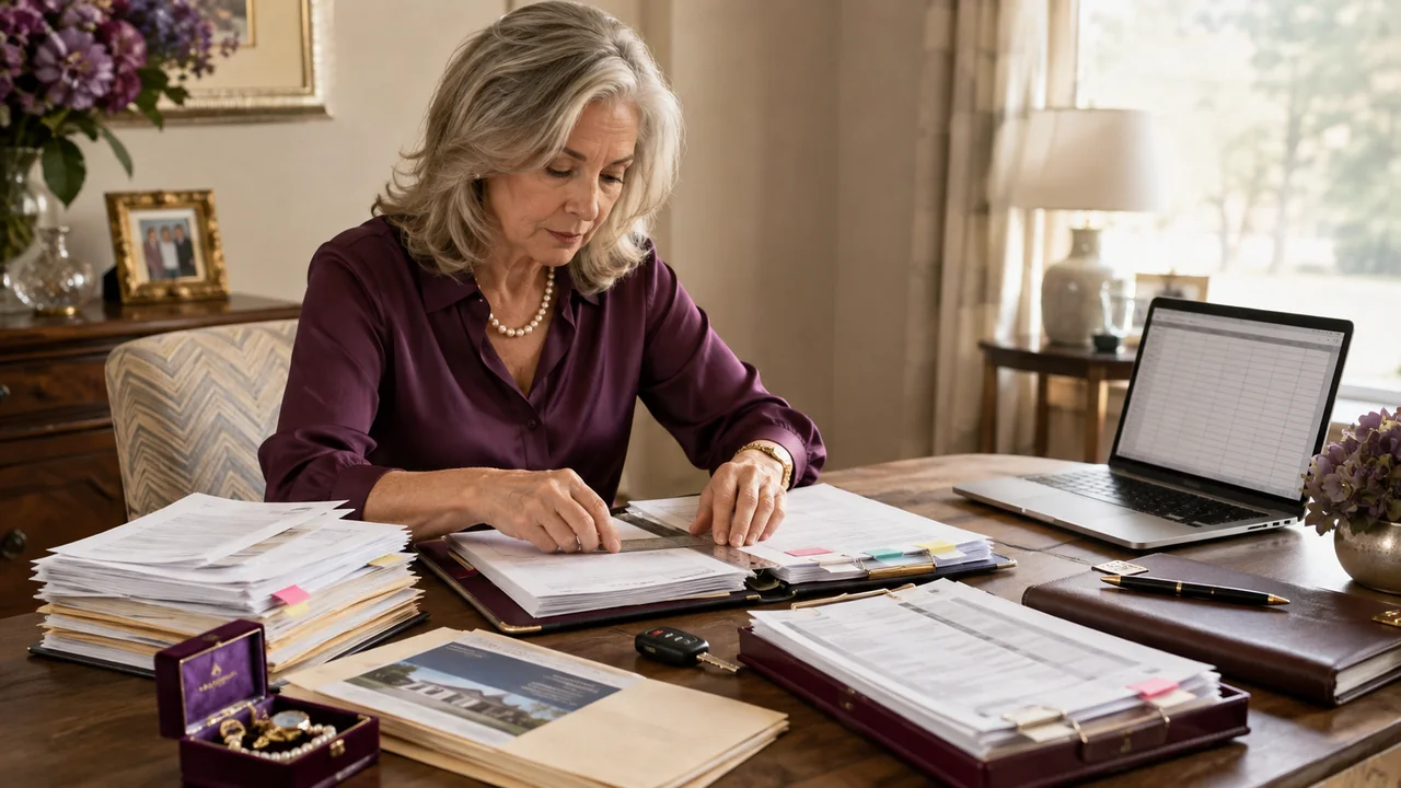 A widow organizes property, account, vehicle, jewelry, business, and debt evidence into a detailed estate inventory