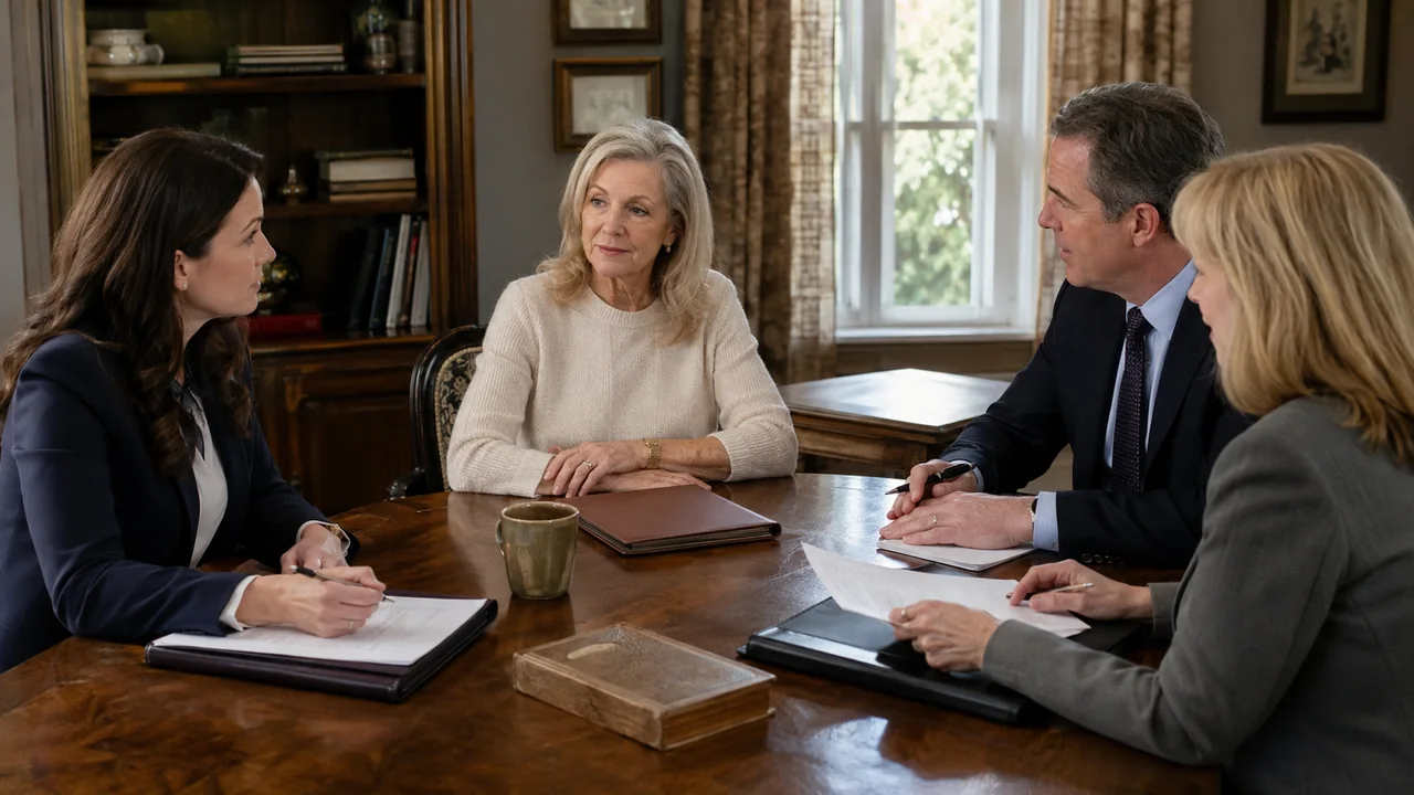 Widow leading a meeting with separate estate, tax, and investment advisers