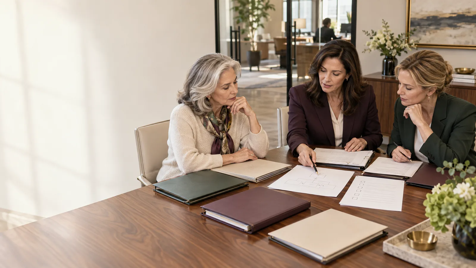 A widow, business attorney, and finance executive reviewing governance records and an ownership diagram