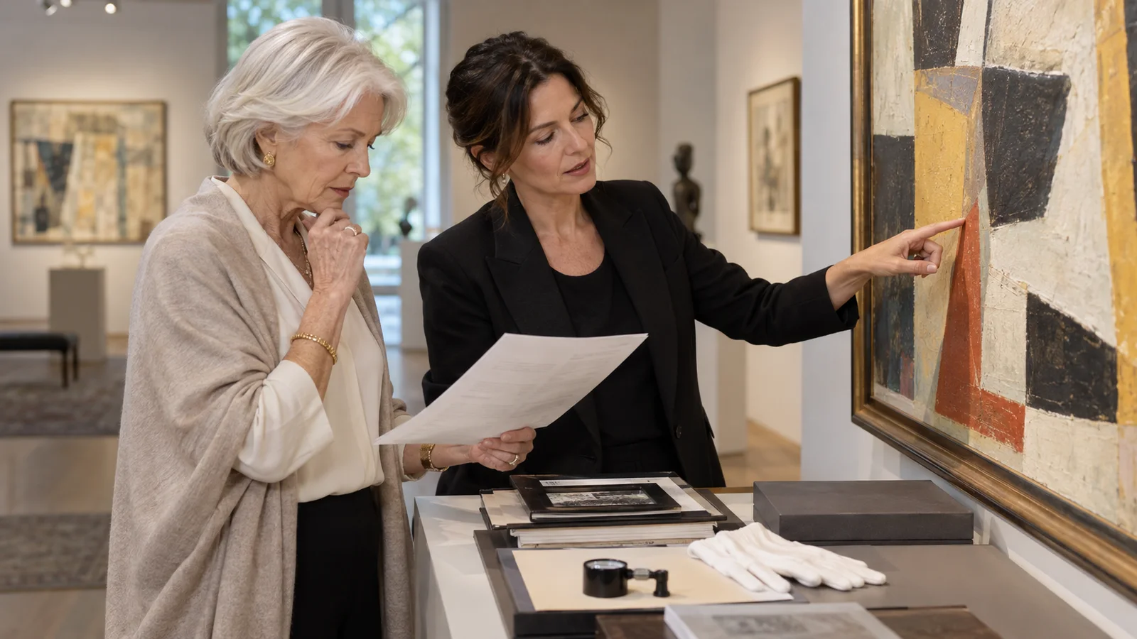 An older art buyer reviews a condition report while an independent conservator points to a detail on an abstract painting.
