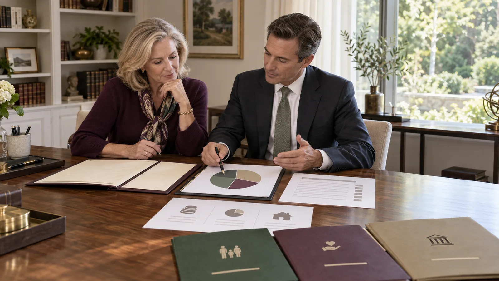 A widow and estate attorney reviewing a charitable gift allocation, asset inventory, will folder, and separate family, charity, and administration files