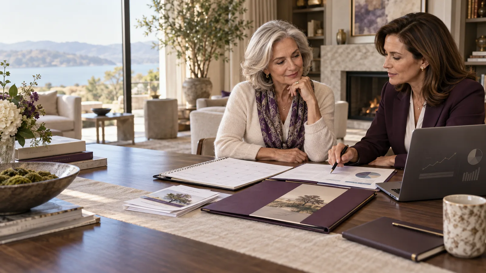 A widow and fiduciary tax adviser reviewing a charitable giving calendar and investment records at a refined home-office table.