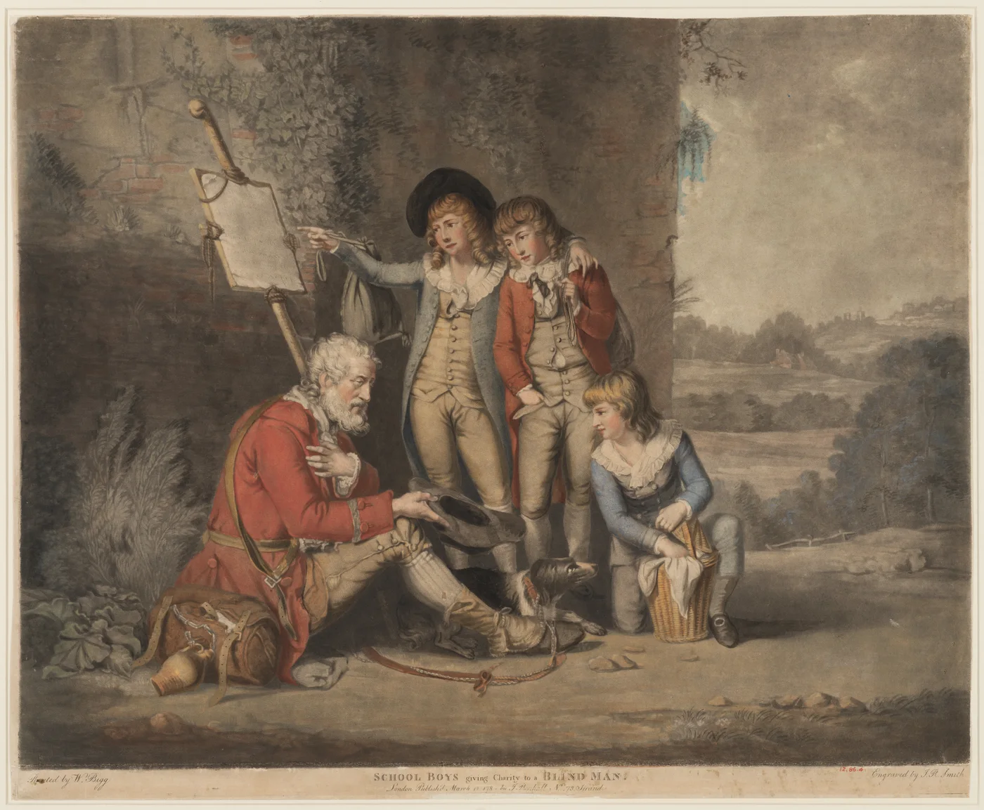 Three schoolboys in eighteenth-century dress give coins to a seated blind man beside a country road