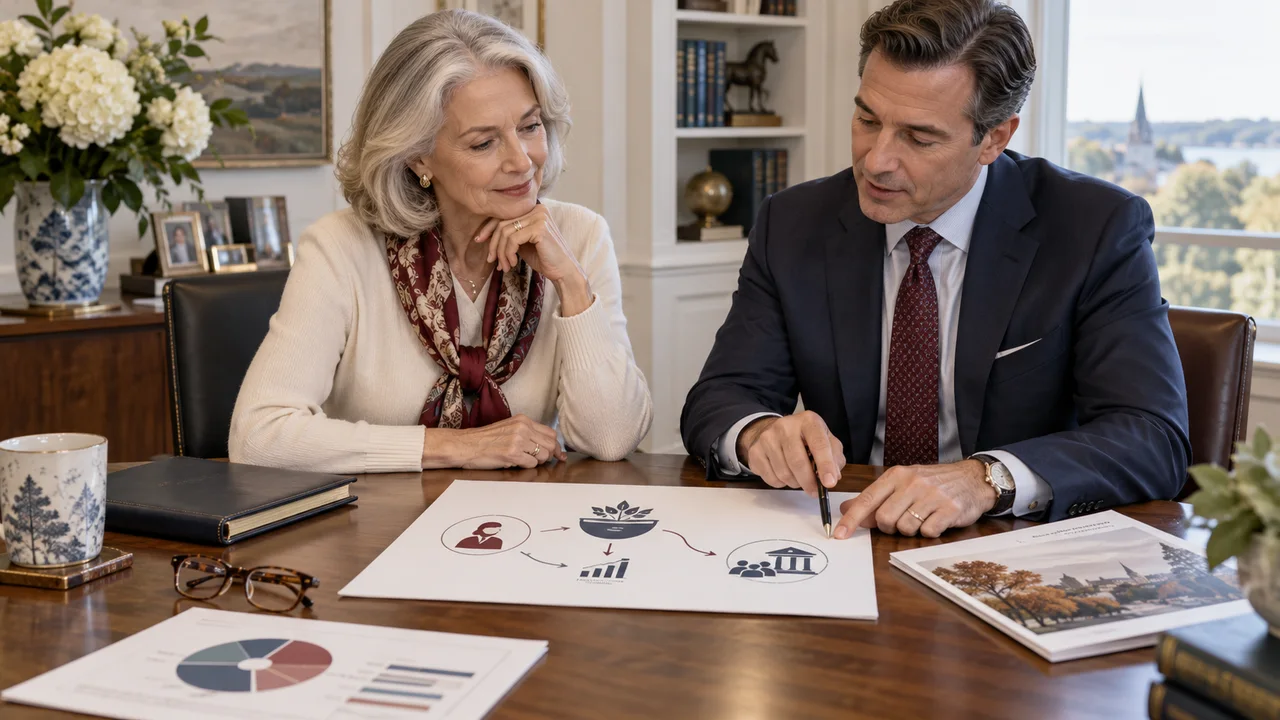A widowed woman and an estate-planning attorney review a diagram showing trust income and a charitable remainder.