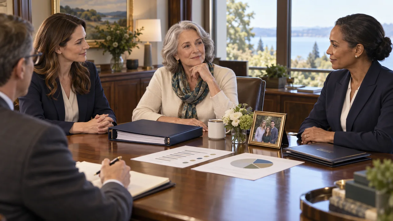 A trust beneficiary comparing a family trustee and a corporate trust officer across a table with trust records and an asset inventory