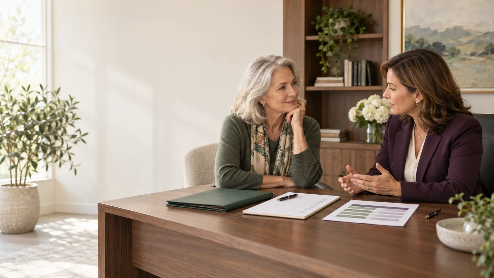 A widow interviews an estate attorney using a written scope and fee checklist.