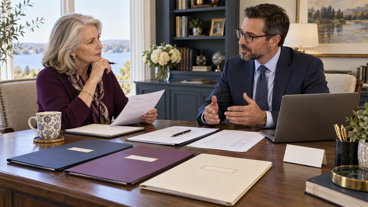 A widow interviews a tax professional using a checklist, engagement letter, fee schedule, and separate final, estate, and survivor-return folders