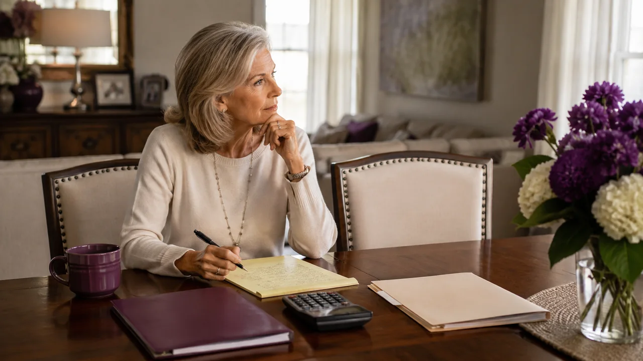 A mature woman reviews a deadline list beside legal, tax, and financial folders at her dining table.