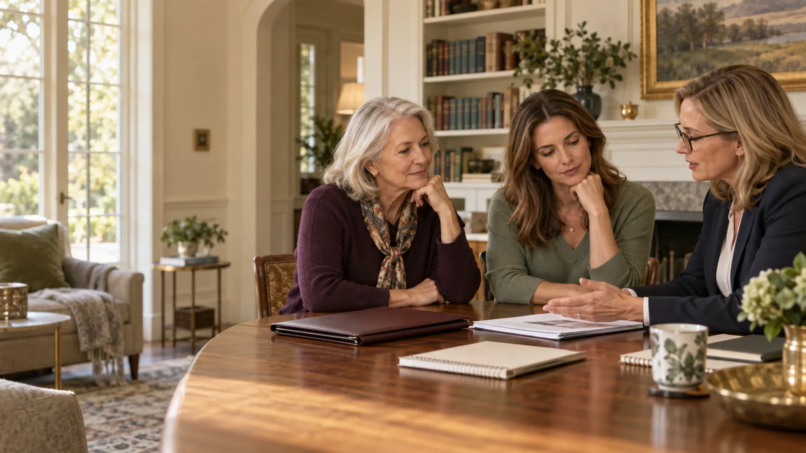 A woman in later life and an adult daughter discuss executor responsibilities with an estate-planning attorney.