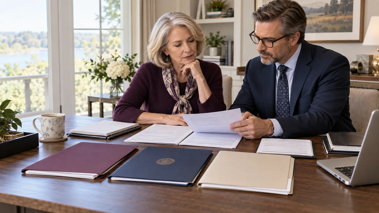 A widow and fiduciary tax professional compare a final return with separate folders for spouse, court appointment, and estate authority