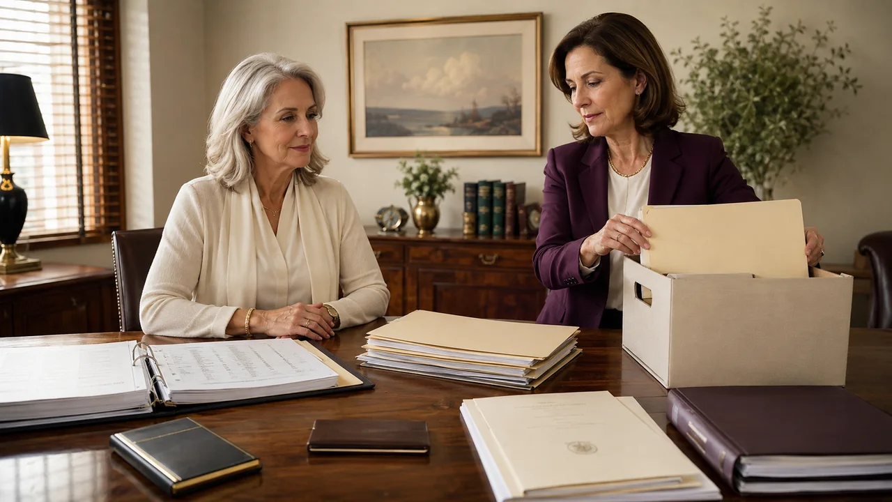 A widow and probate attorney archive a reconciled estate accounting, beneficiary receipts, tax file, and discharge papers