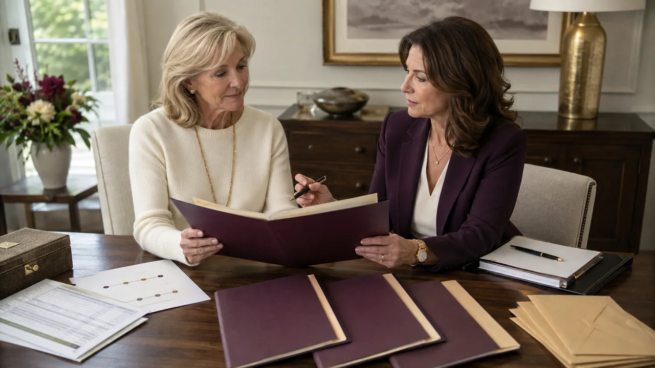 A widow and probate attorney prepare identical estate-status folders and a milestone timeline for beneficiaries