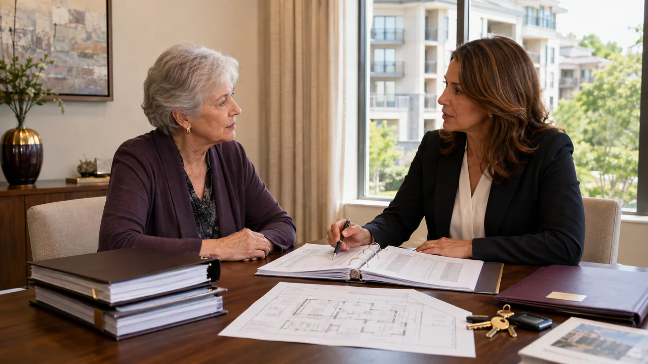 A widow and condominium association manager review dues, special assessments, governing documents, insurance, plans, and unit keys
