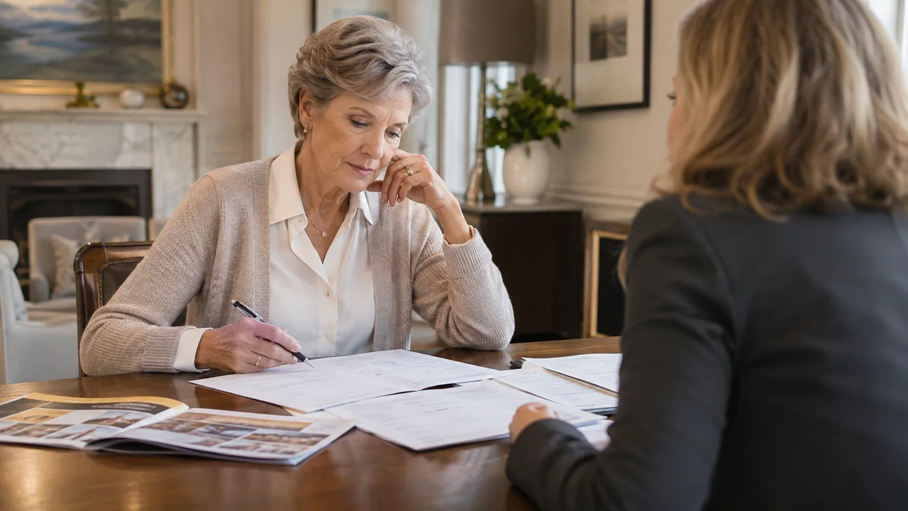 A woman comparing senior-living contracts and fee schedules with an independent adviser