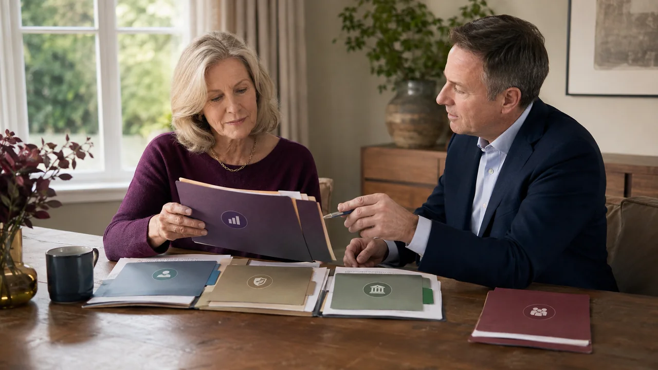 A widow and adviser sort different account folders while deliberately keeping one account separate.