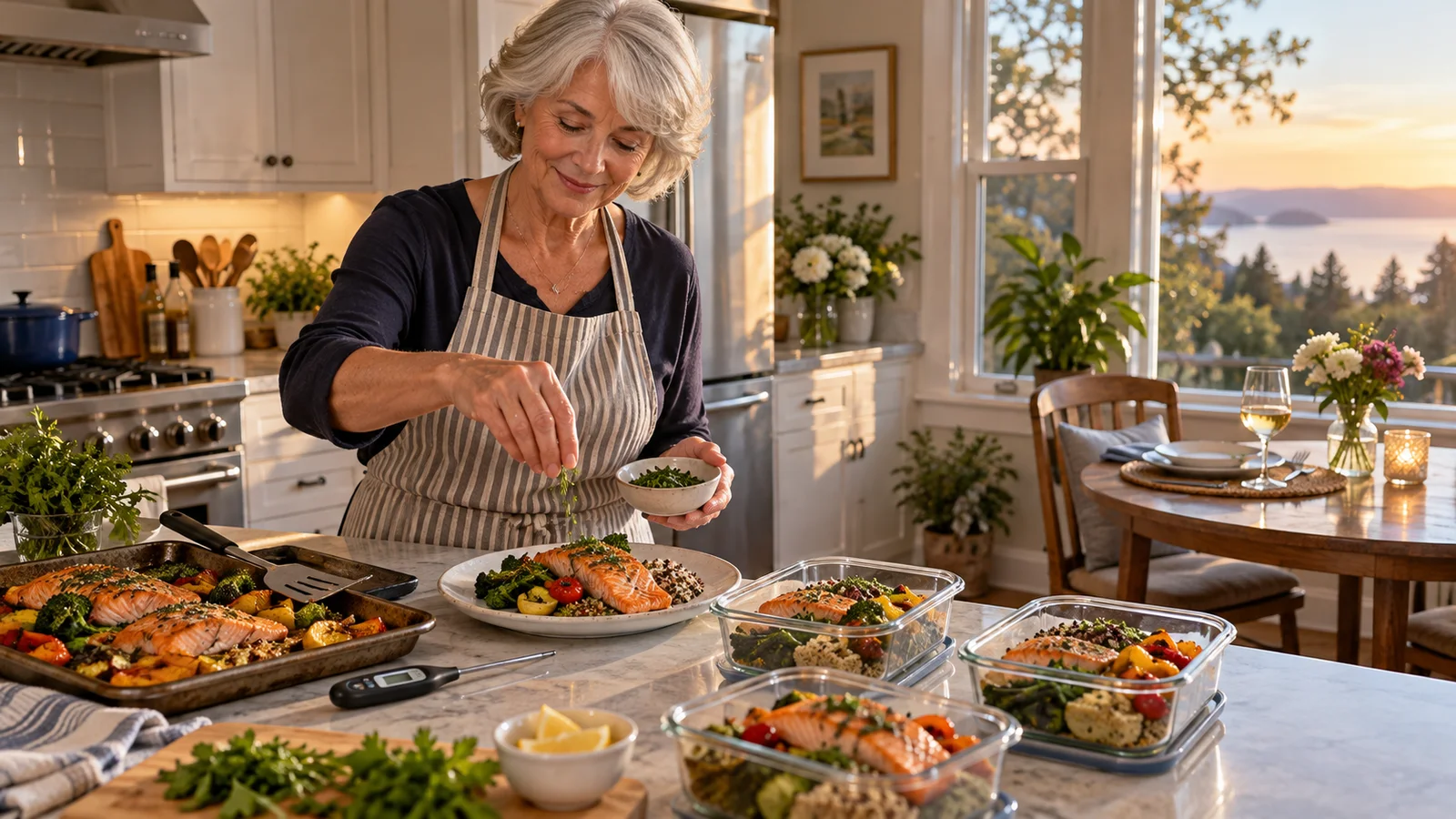 An older woman plates salmon and vegetables while several single-serving meals cool in glass containers nearby.