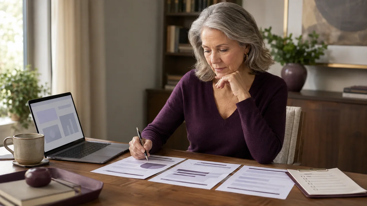 A widow reviews three separate credit-report packets and an account checklist at her home desk.