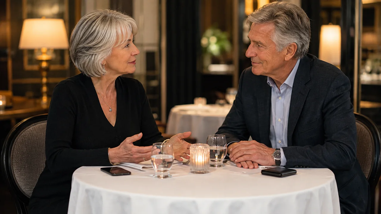 Mature couple having a calm early conversation about financial boundaries