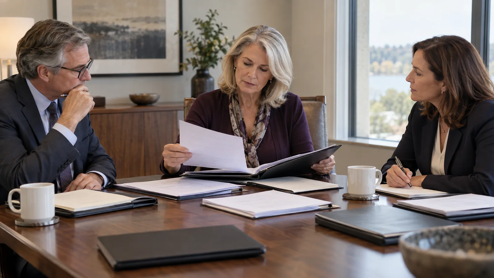 A widowed woman leading a review meeting with a financial adviser and estate attorney while comparing engagement, fee, and file-transfer documents
