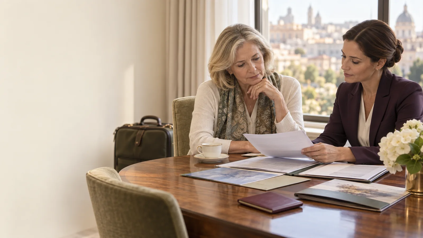 A widow and consular liaison reviewing local civil records, travel insurance, and disposition documents abroad