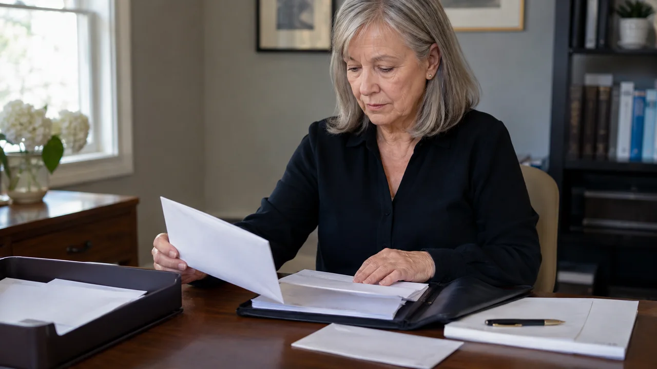 A mature widow inventories official-document envelopes while preserving originals in a protective folder.