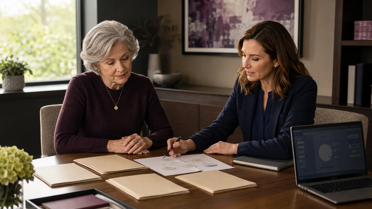 A widow and bank specialist map a large payment across separately documented account categories.