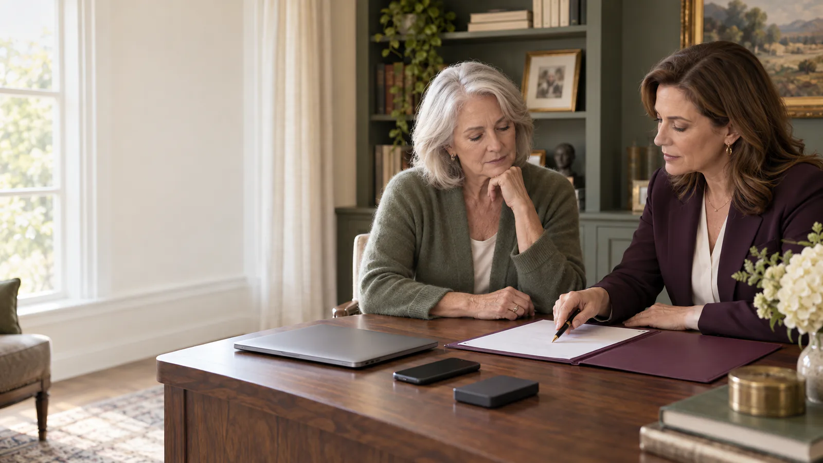 A mature widow and estate attorney inventory digital accounts beside a closed laptop, phone, and external drive